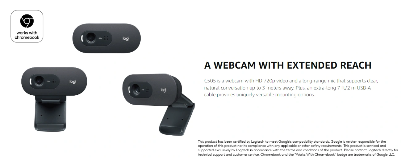 Logitech C505 webcam clipped on top of a laptop screen