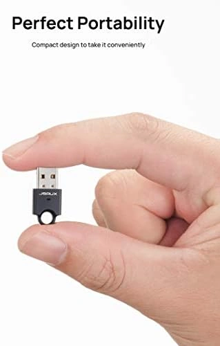 JSAUX USB Bluetooth 4.0 Adapter plugged into a laptop USB port, a USB Bluetooth dongle for PC