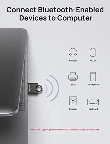JSAUX USB Bluetooth 4.0 Adapter plugged into a laptop USB port, a USB Bluetooth dongle for PC