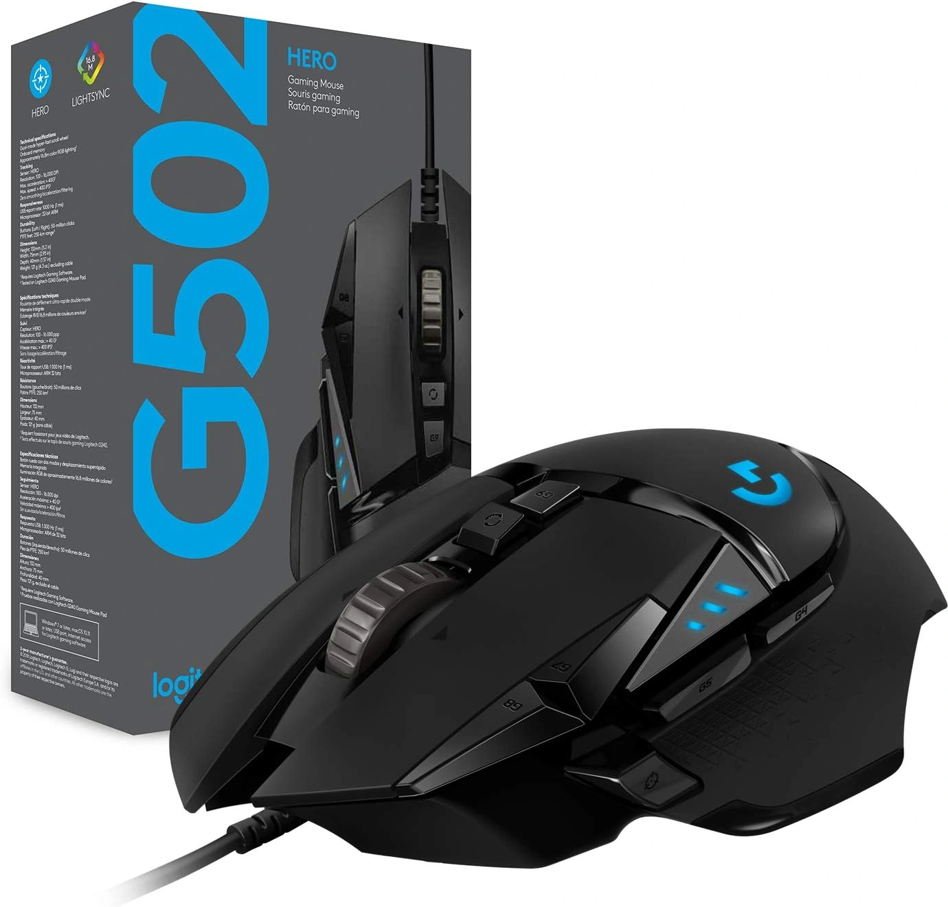 Logitech G502 HERO wired gaming mouse with RGB lighting