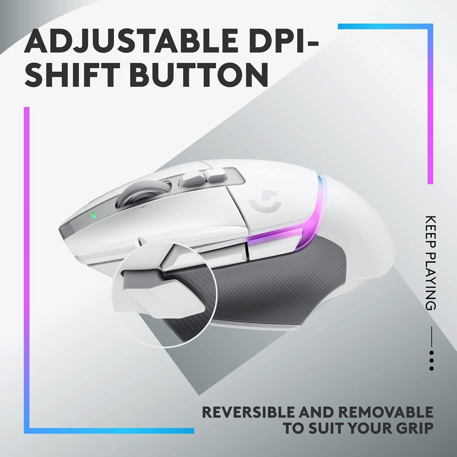 Logitech G502 X Plus Lightspeed wireless gaming mouse in white with RGB lighting on scroll wheel