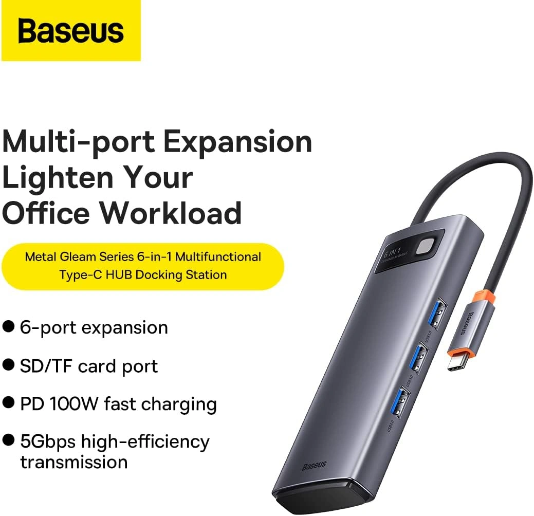 Baseus Metal Gleam 6-in-1 Type-C hub docking station gray price in Pakistan