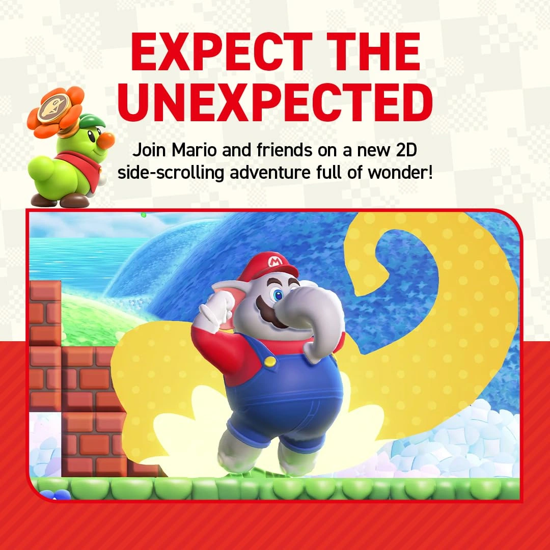 Super Mario Bros Wonder Nintendo Switch game box cover Mario Wonder Nintendo Switch Wonder Flower transformation gameplay