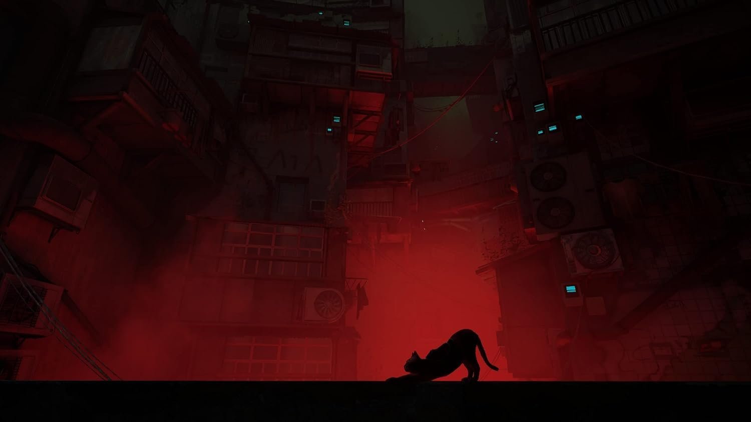 Stray PS5 game cover featuring a stray cat in a neon cybercity - Cat Adventure Game for PS5