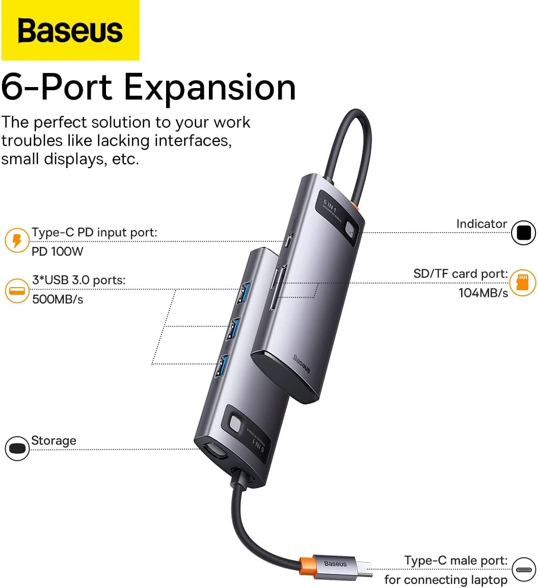 Baseus Metal Gleam 6-in-1 Type-C hub docking station gray price in Pakistan