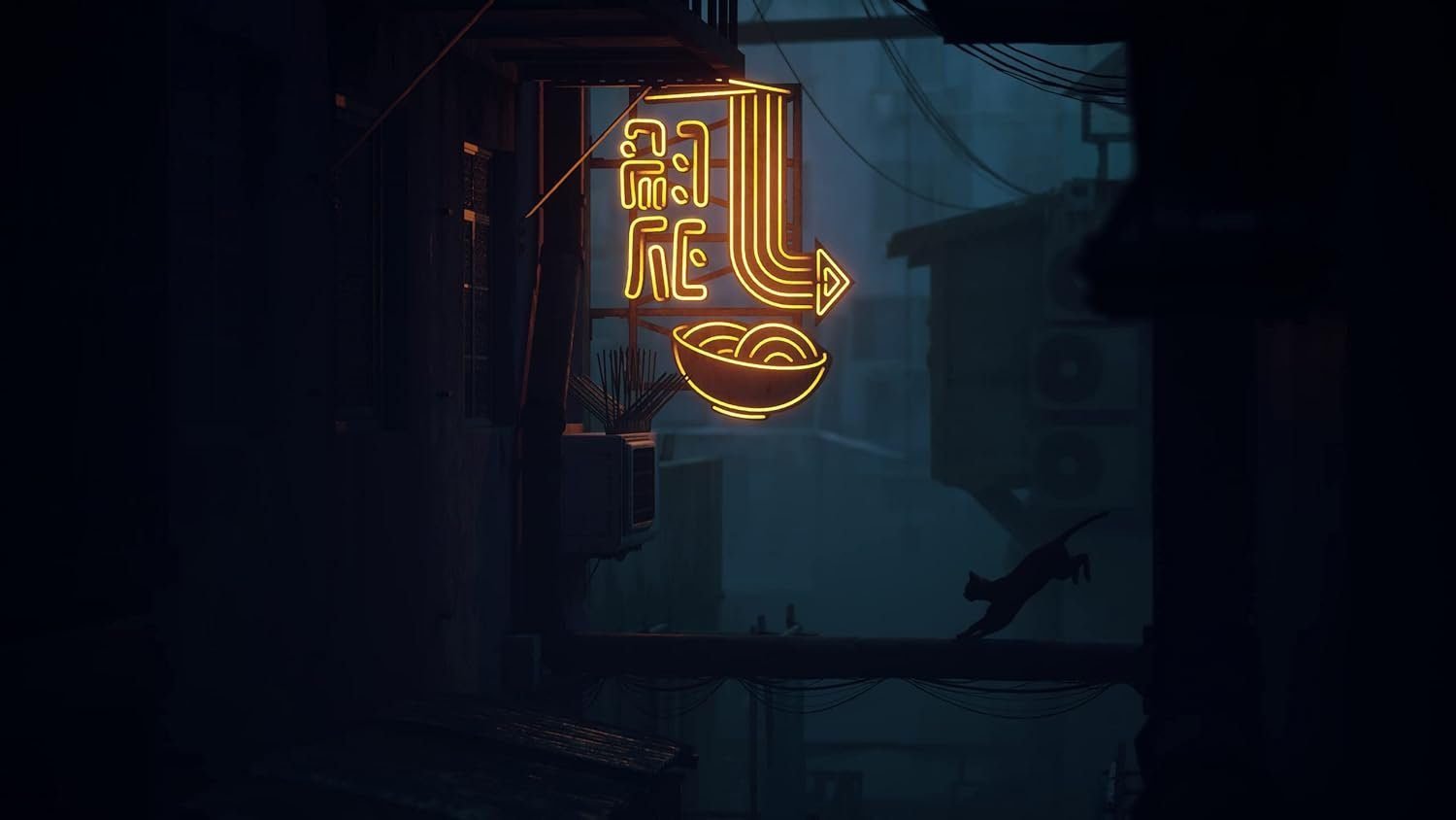 Stray PS5 game cover featuring a stray cat in a neon cybercity - Cat Adventure Game for PS5