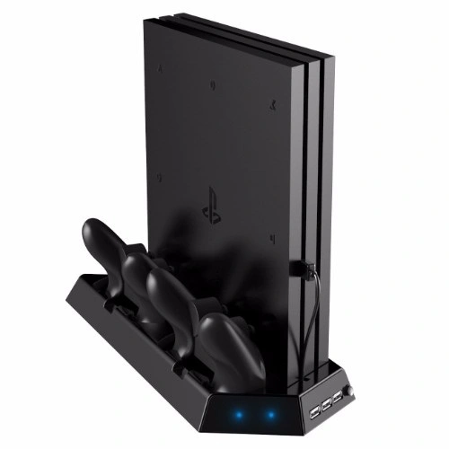 PS4 Slim vertical stand with two DualShock 4 controllers charging