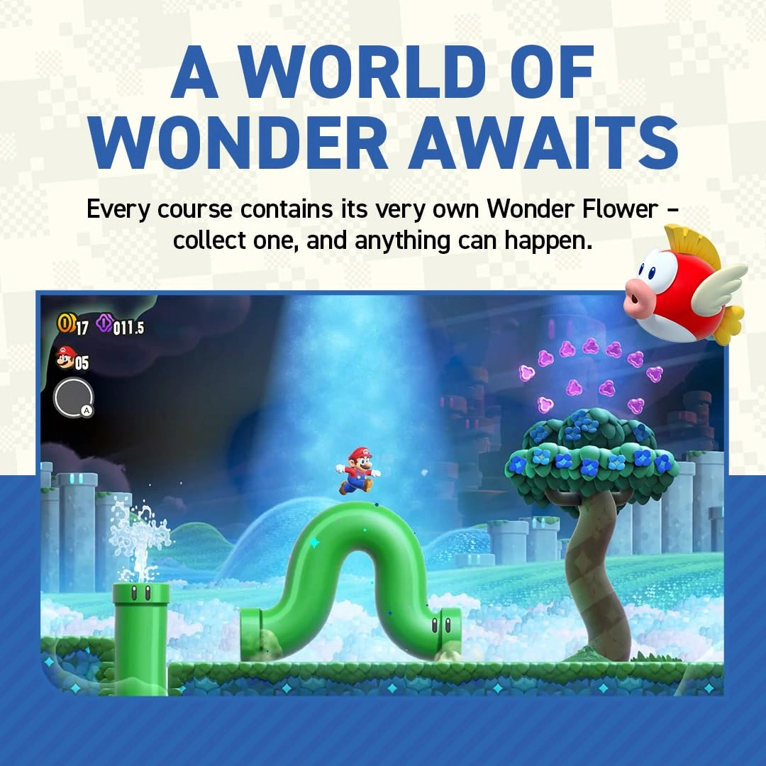 Super Mario Bros Wonder Nintendo Switch game box cover Mario Wonder Nintendo Switch Wonder Flower transformation gameplay