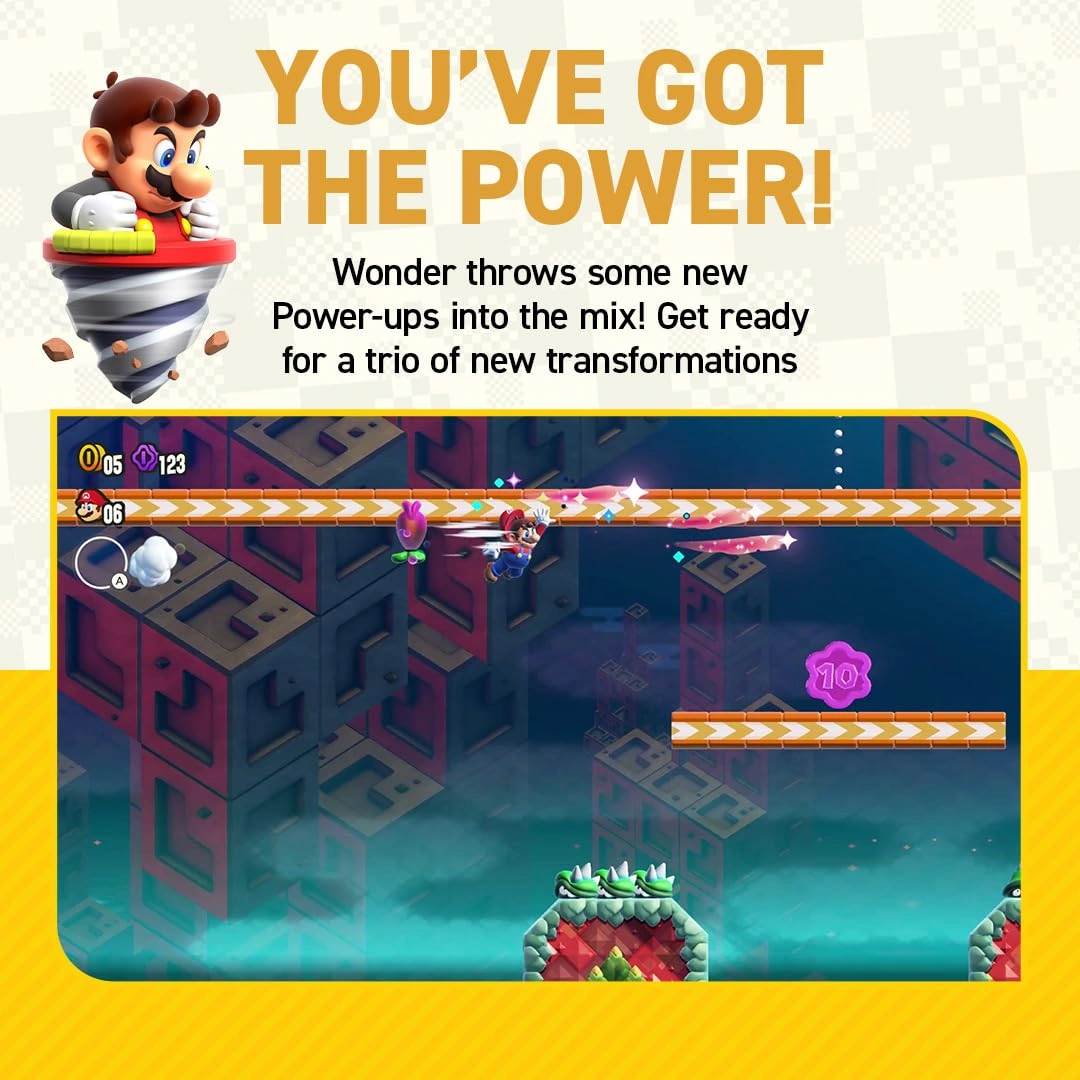 Super Mario Bros Wonder Nintendo Switch game box cover Mario Wonder Nintendo Switch Wonder Flower transformation gameplay