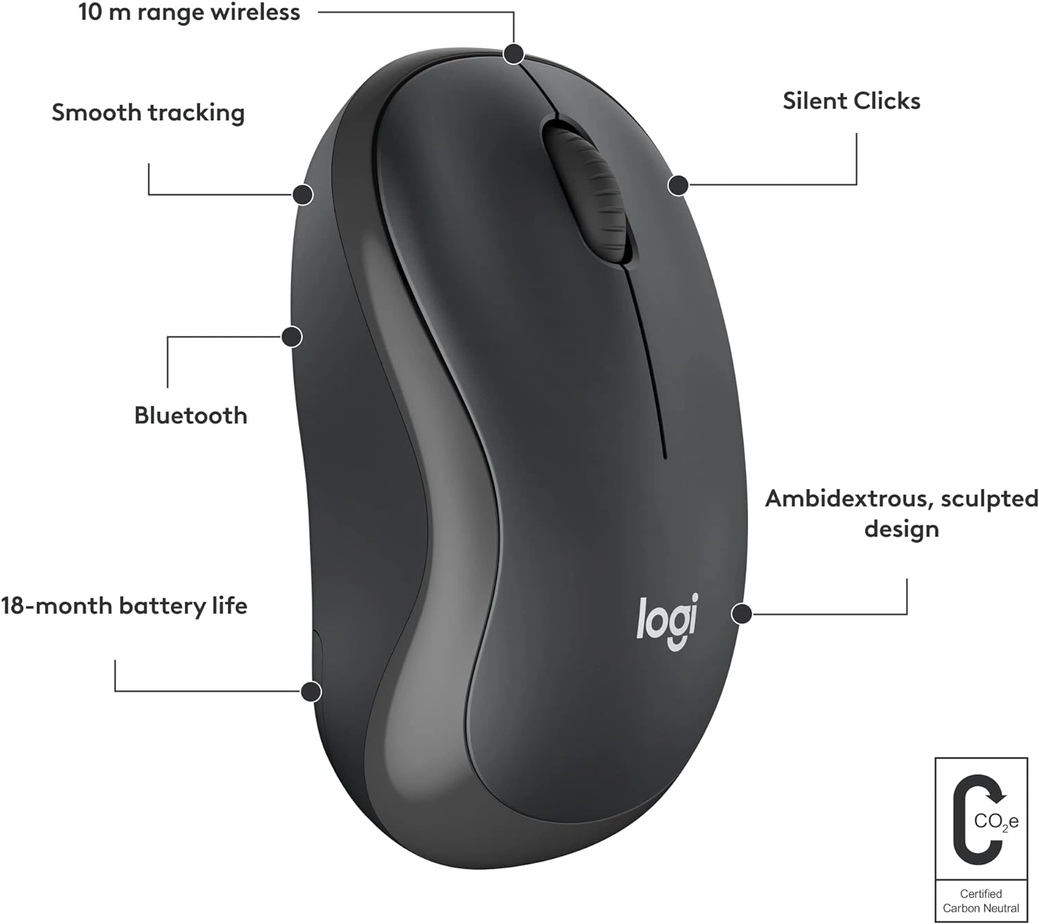 Logitech M240 silent Bluetooth mouse side angle view