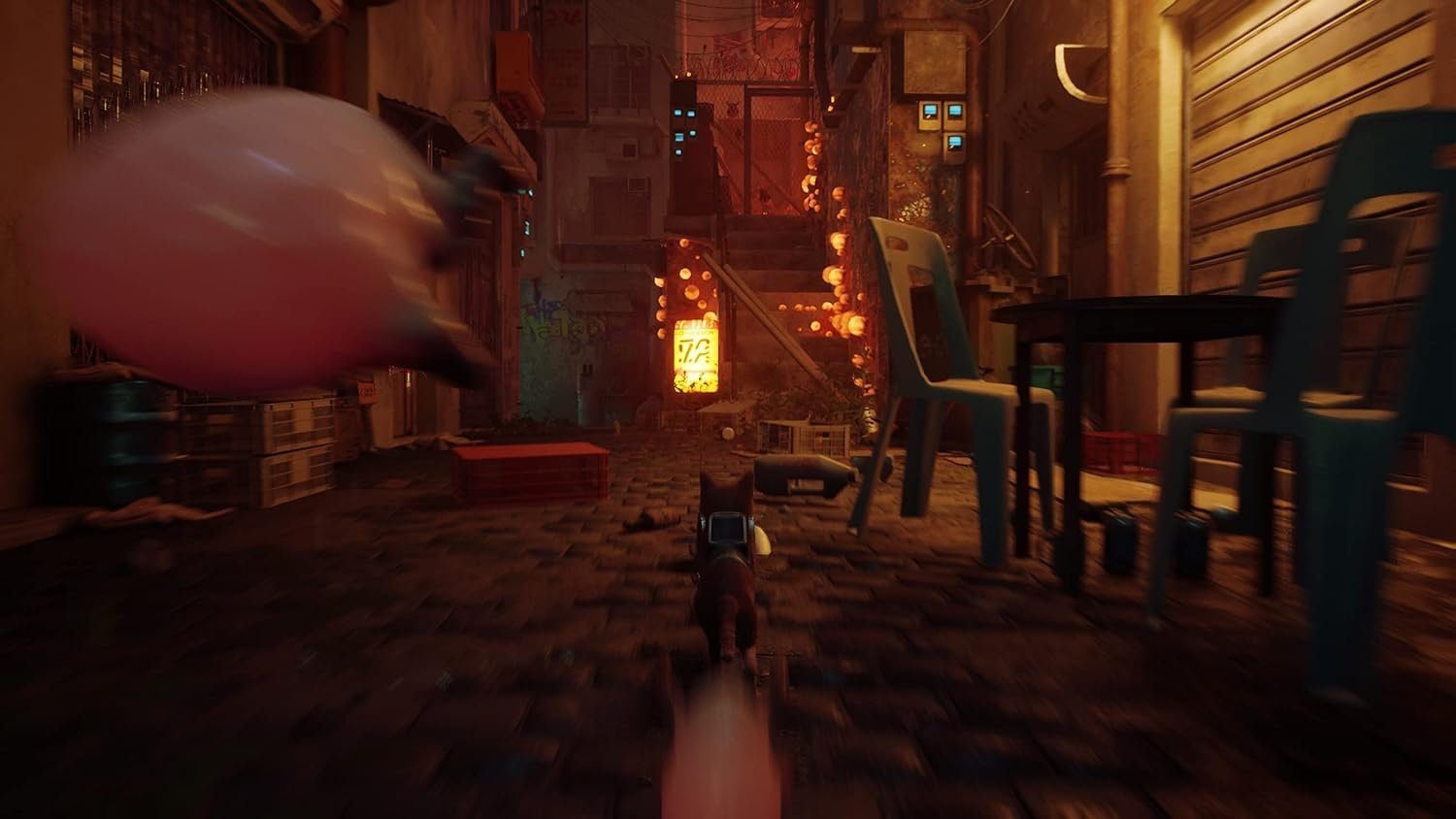 Stray PS5 game cover featuring a stray cat in a neon cybercity - Cat Adventure Game for PS5