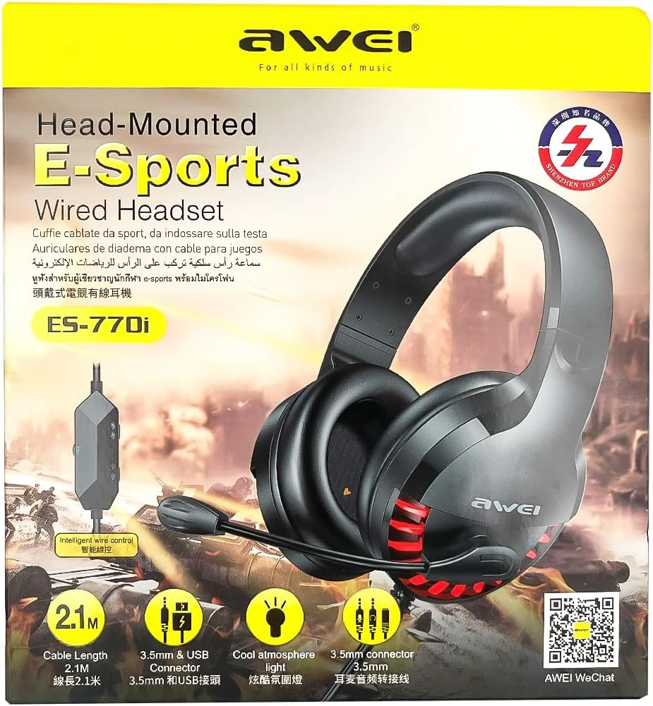 Awei ES-770i wired gaming headset with red LED light and rotatable microphone, gaming headset price in Pakistan