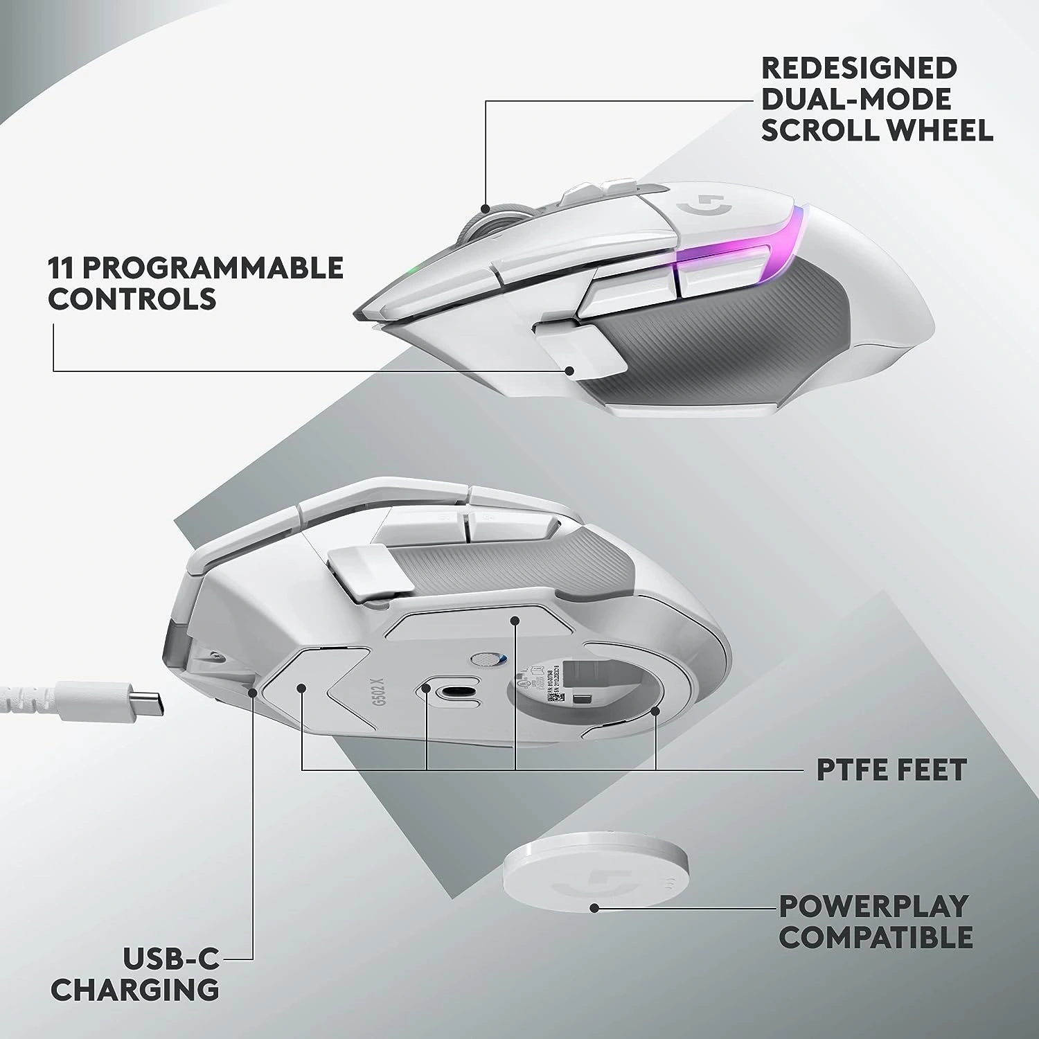 Logitech G502 X Plus Lightspeed wireless gaming mouse in white with RGB lighting on scroll wheel