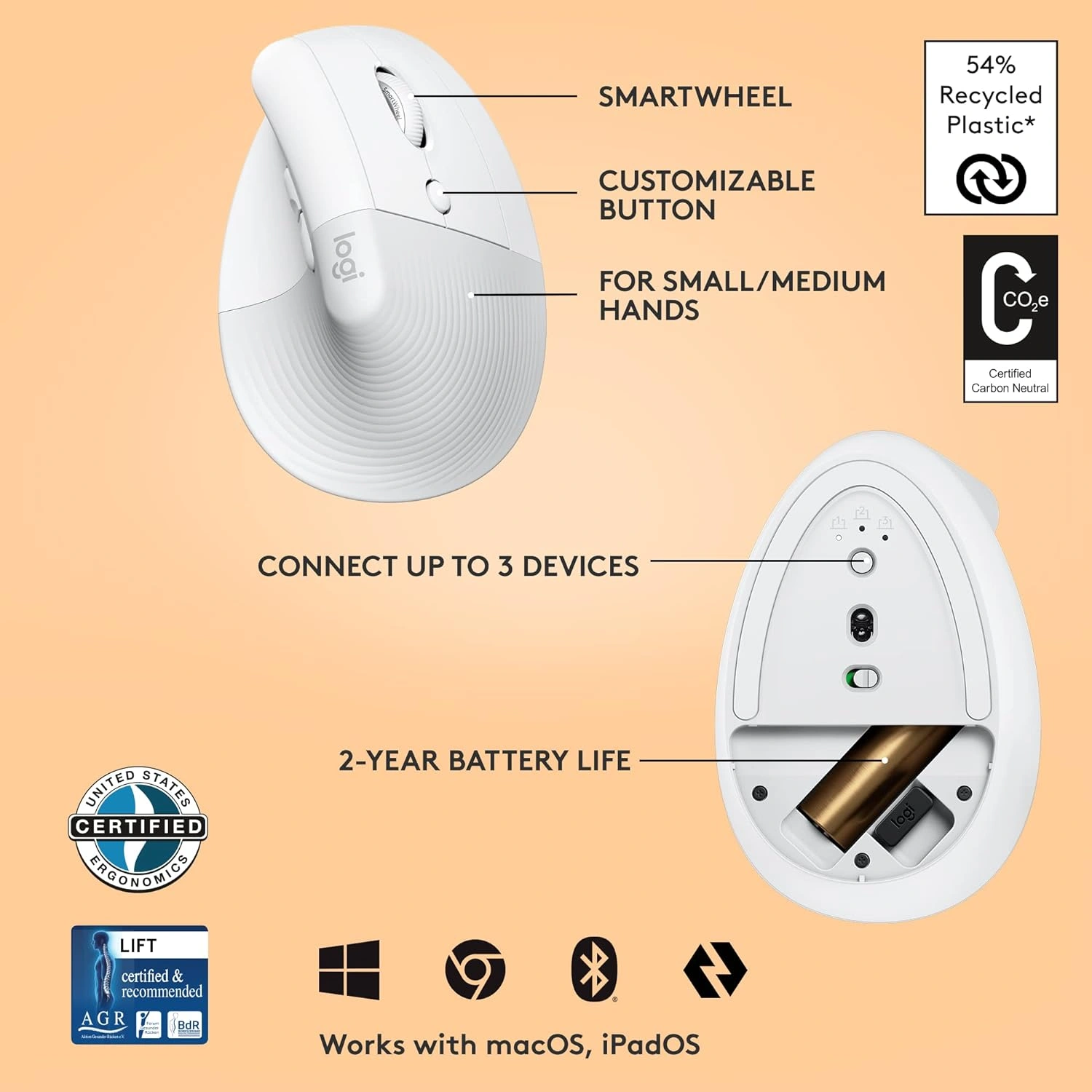 Logitech Lift off white vertical ergonomic wireless mouse for comfortable desk use