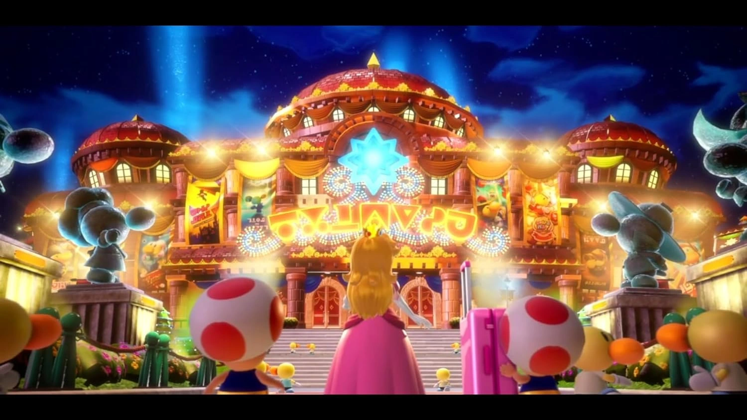Princess Peach Showtime Nintendo Switch game box featuring Princess Peach on a theatrical stage in her sparkly dress