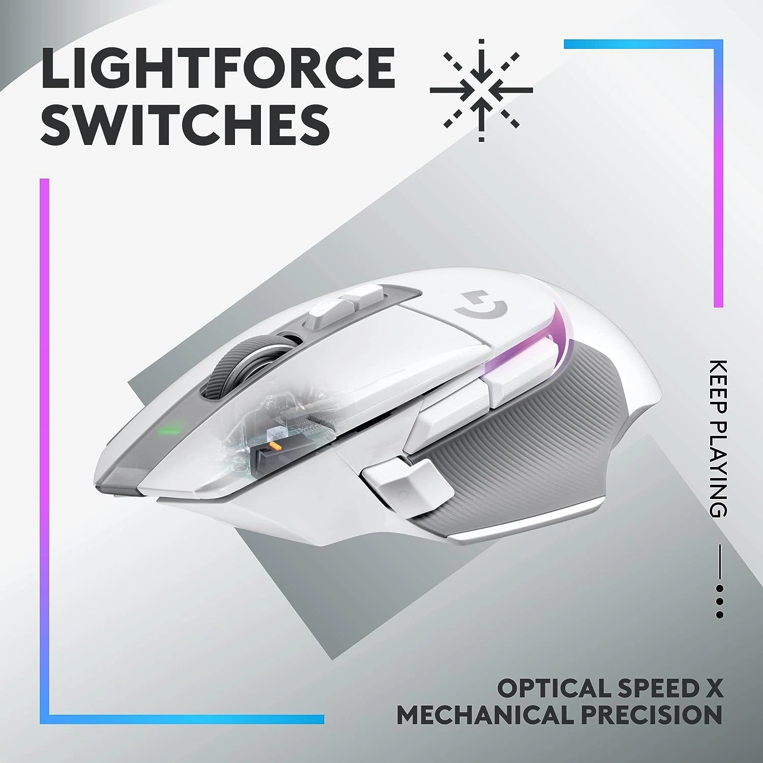 Logitech G502 X Plus Lightspeed wireless gaming mouse in white with RGB lighting on scroll wheel