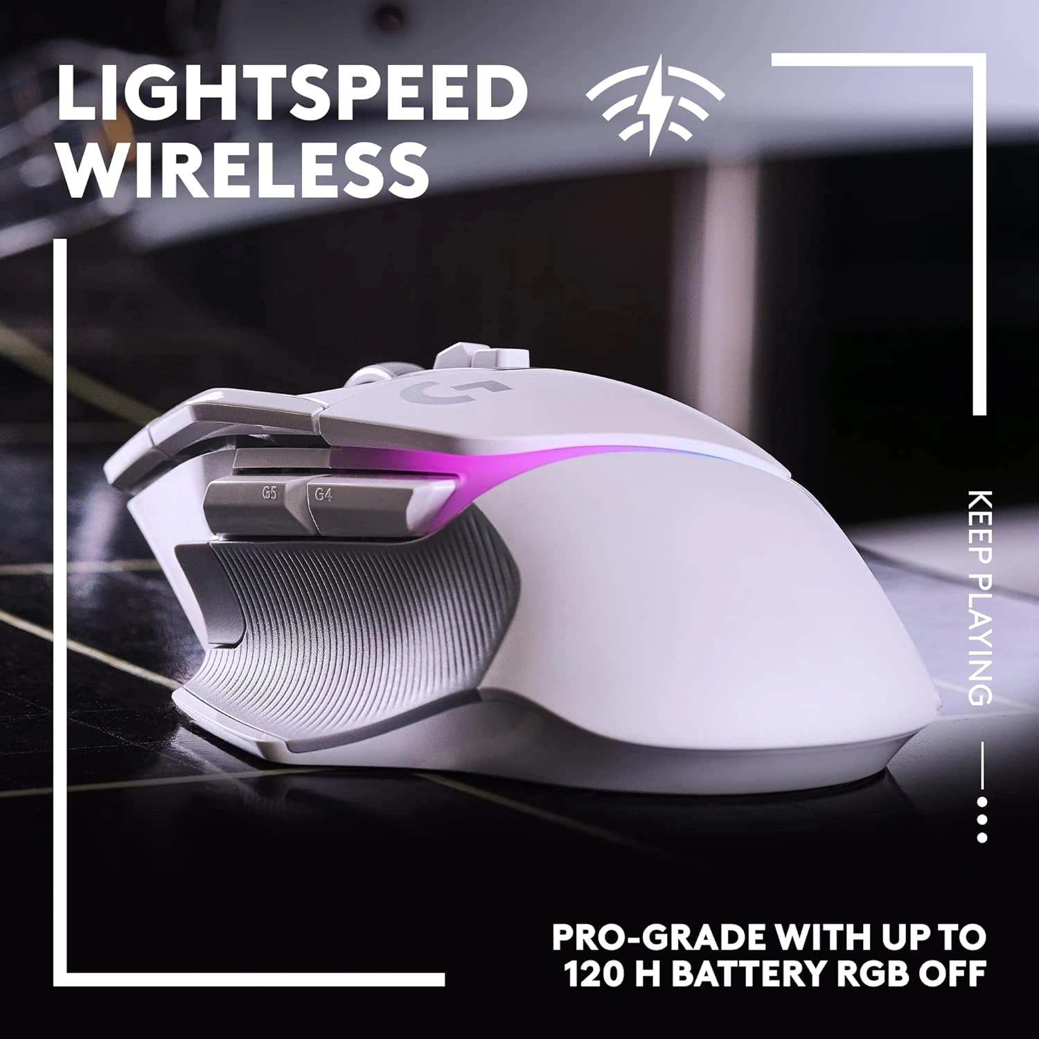 Logitech G502 X Plus Lightspeed wireless gaming mouse in white with RGB lighting on scroll wheel