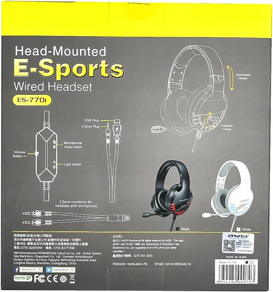 Awei ES-770i wired gaming headset with red LED light and rotatable microphone, gaming headset price in Pakistan