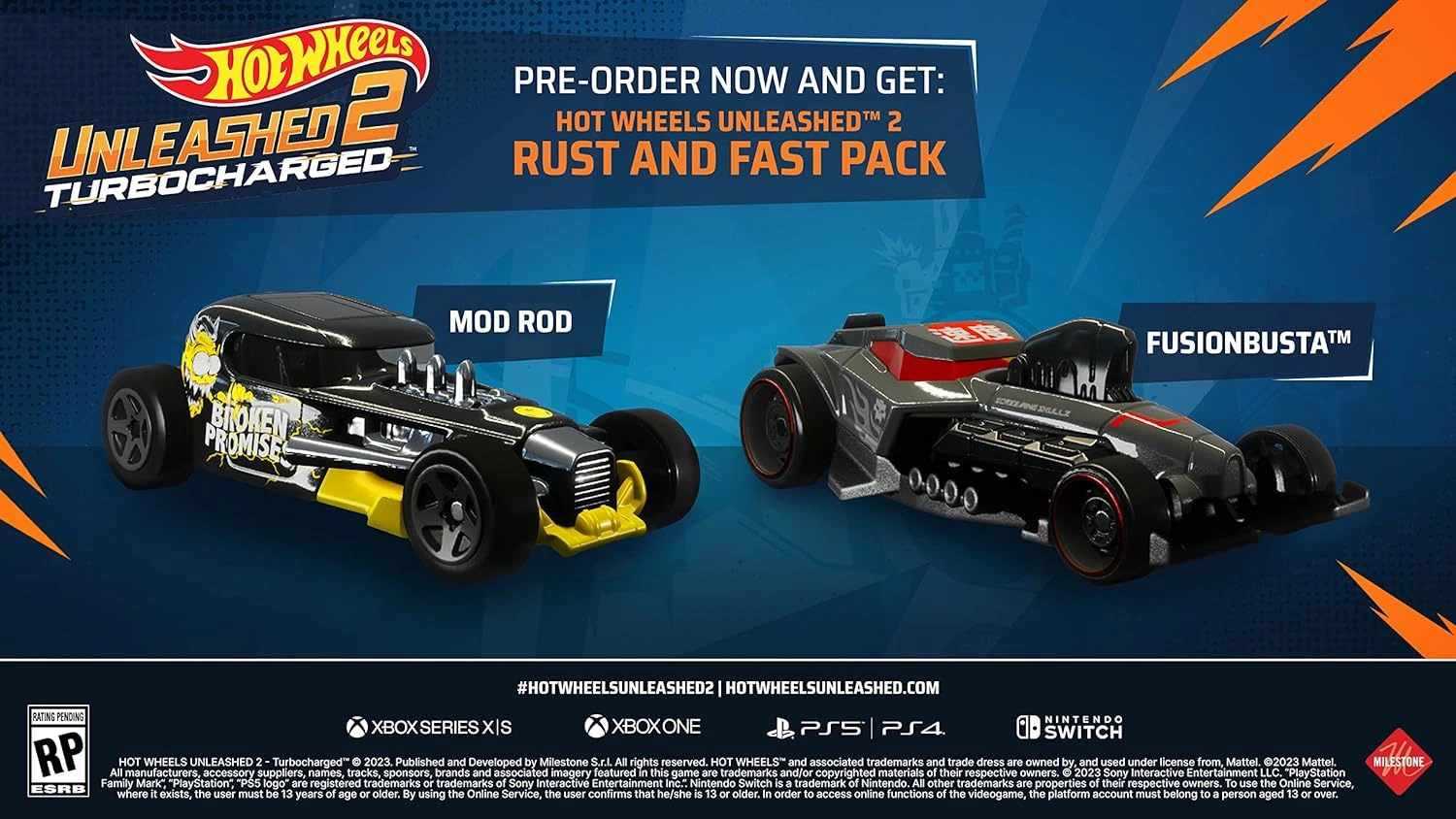 Hot Wheels Unleashed 2 Turbocharged Nintendo Switch game box featuring bright orange Hot Wheels cars on a loop track