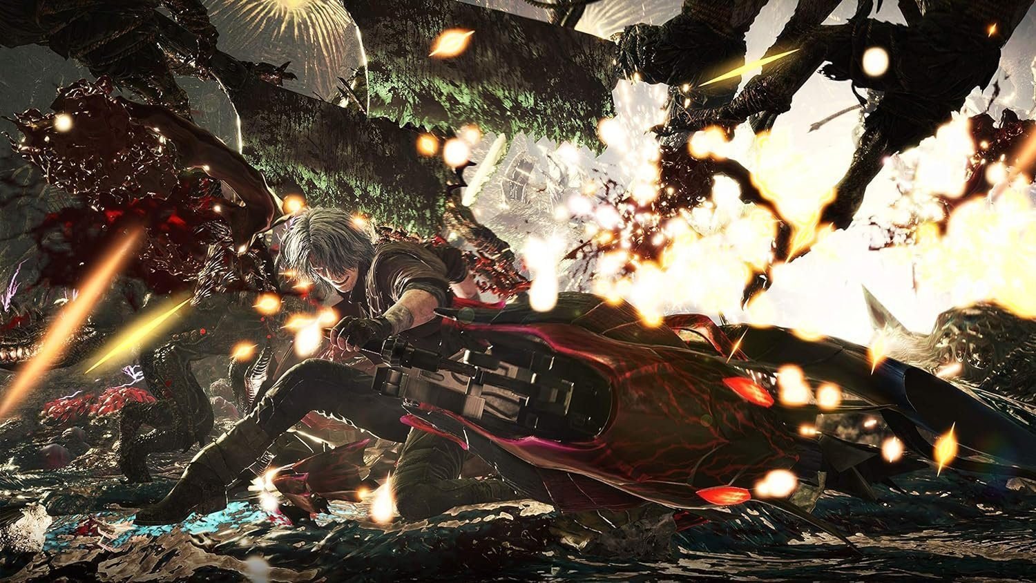 DMC 5 PS5 gameplay showing Dante battling demons with Rebellion sword