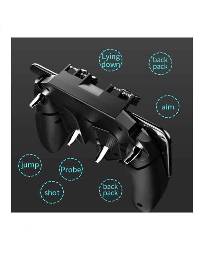 AK66 PUBG Six Finger Controller attached to a phone for mobile shooting games