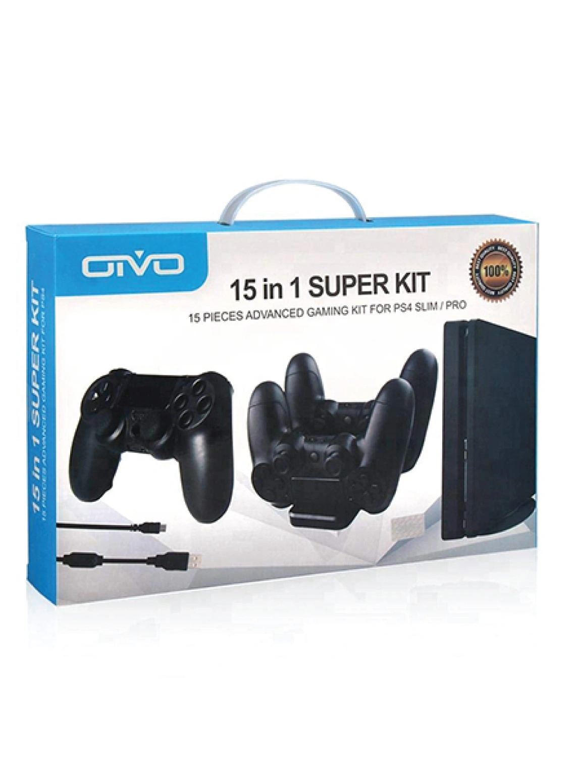 OTVO 15 in 1 Super Gaming Kit for PS4 Slim Pro with charging dock, stand and earphones laid out, ps4 accessories price in pakistan