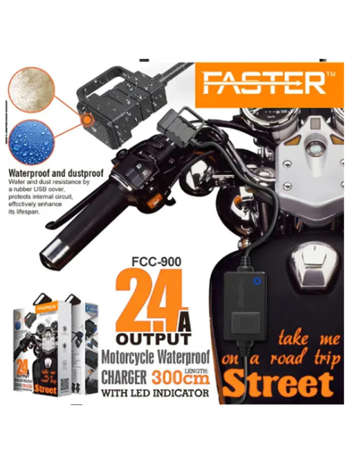 Faster FCC-900 motorcycle waterproof charger with LED indicator and USB port