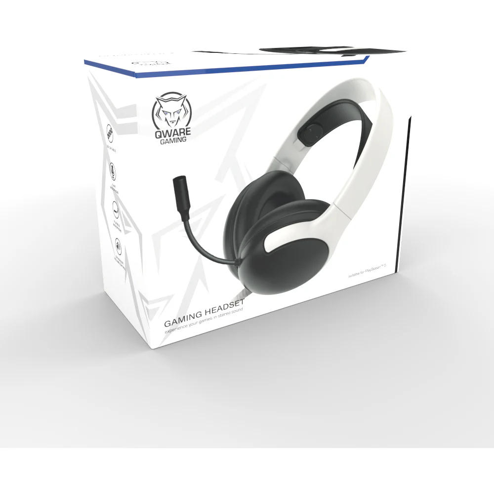 Qware PS5 Deluxe stereo gaming headset in black and white on a white background