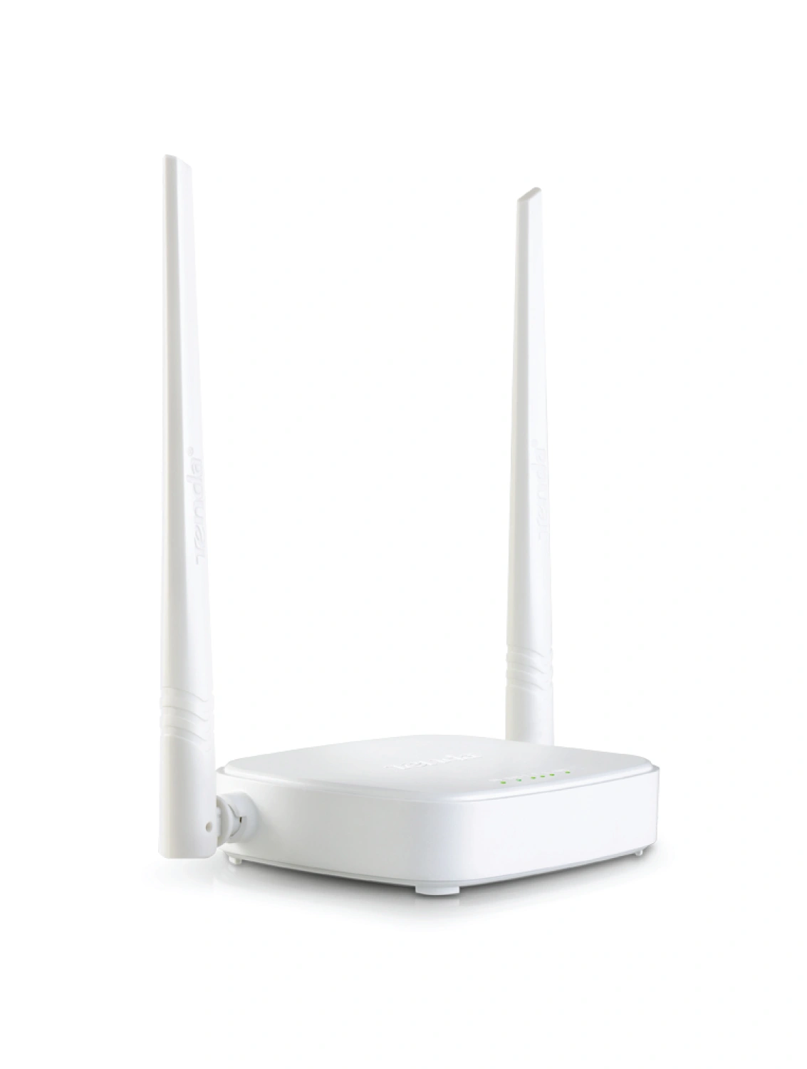 Tenda N301 N300 wireless router front view with two antennas and status lights