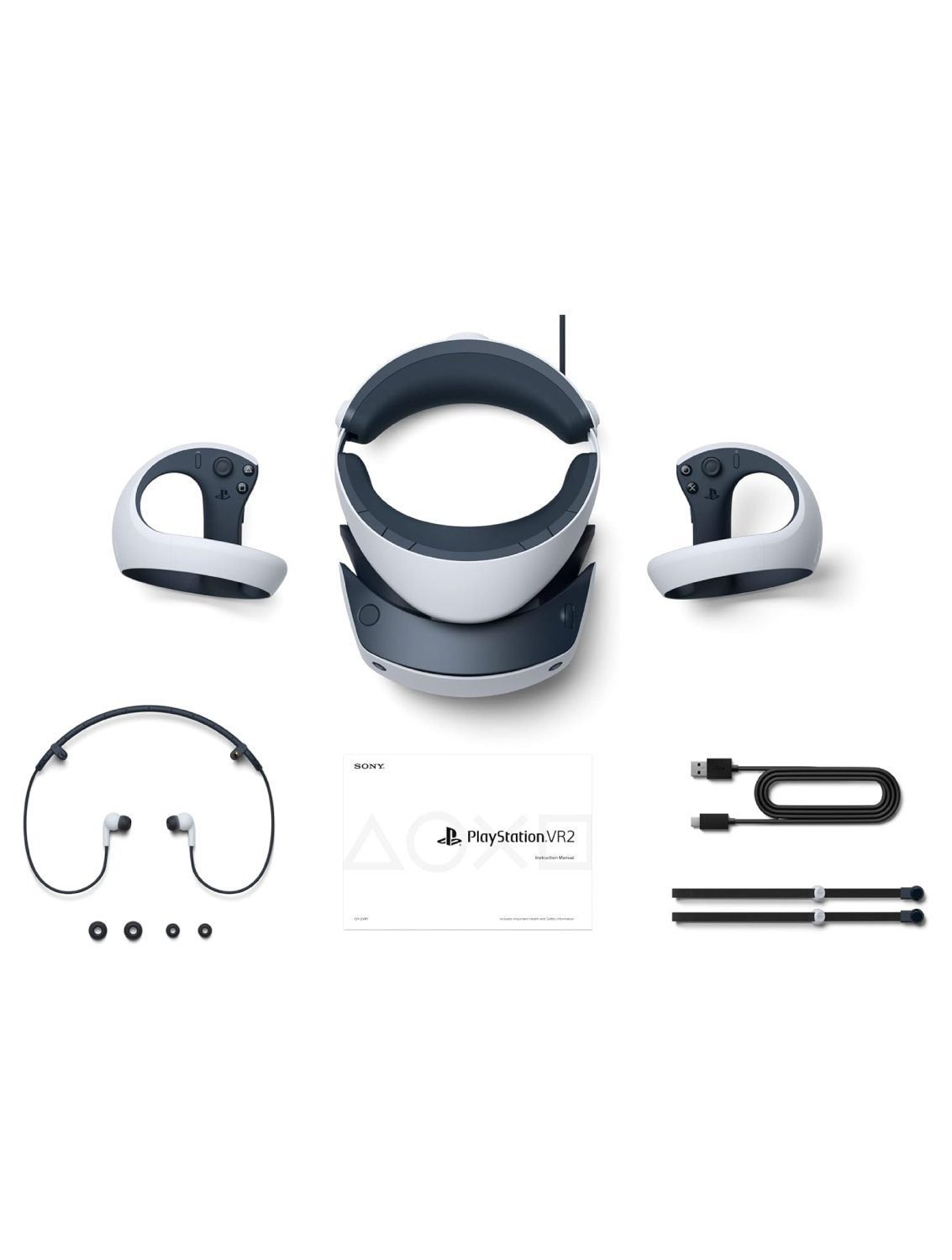 PlayStation VR2 headset with PS VR2 Sense controllers on a white background, the best PlayStation Virtual Reality accessory for PS5