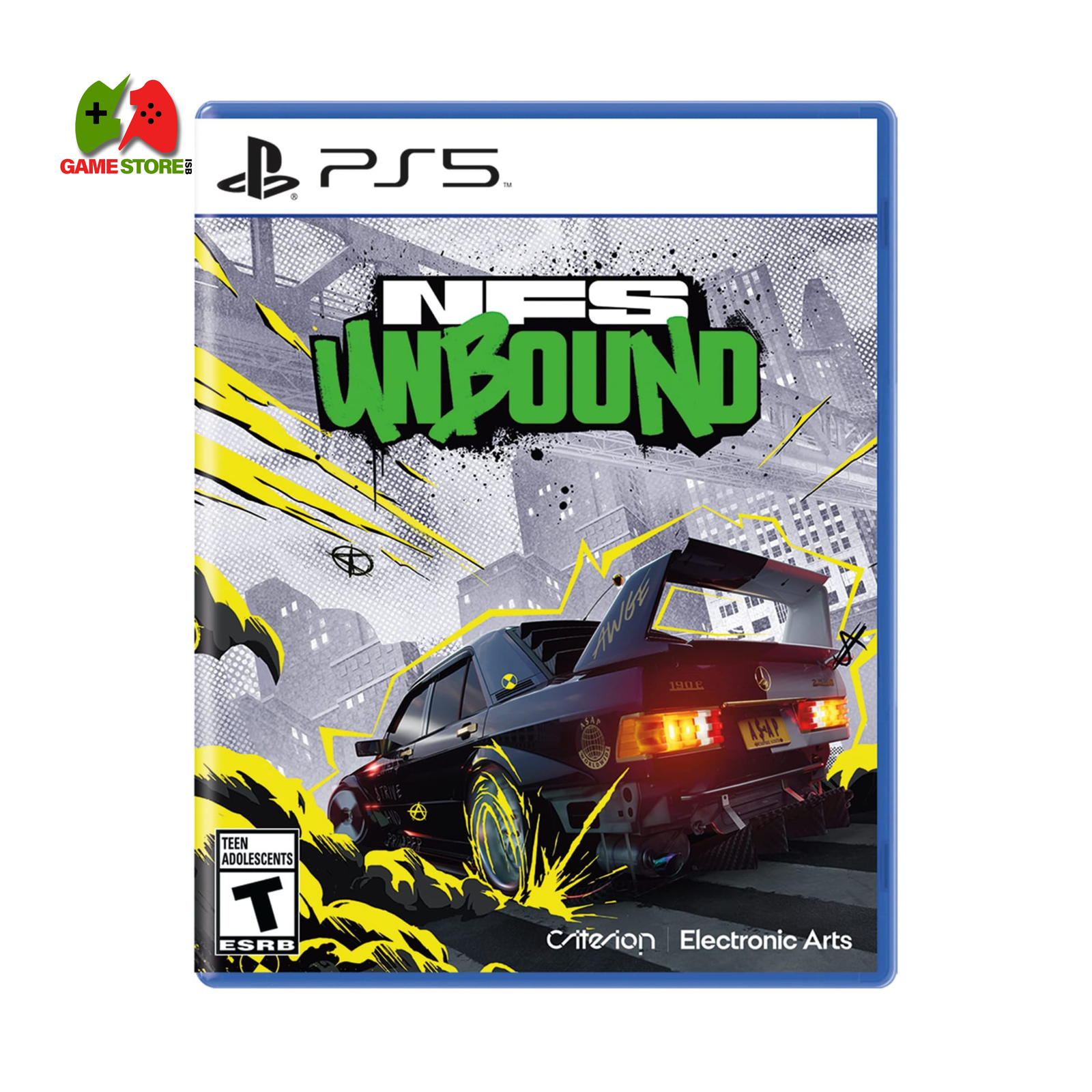 Need for Speed Unbound PS5 gameplay featuring a custom sports car drifting through neon-lit city streets, showcasing graffiti-inspired visuals and intense racing action