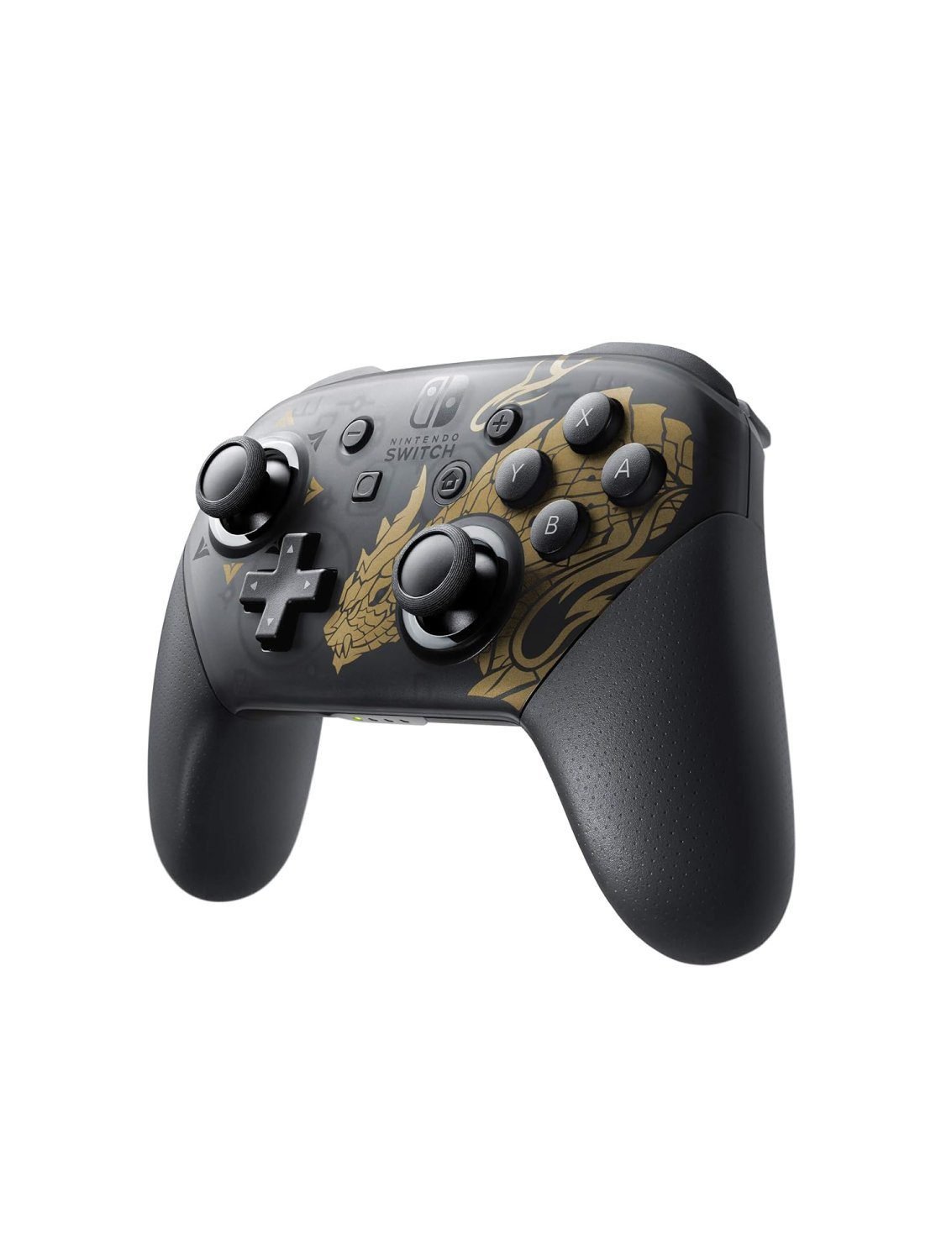 Nintendo Switch Pro Controller Monster Hunter Edition front view semi-transparent black gold design