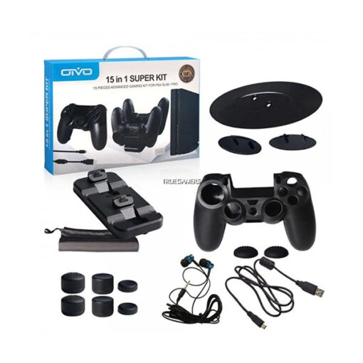 OTVO 15 in 1 Super Gaming Kit for PS4 Slim Pro with charging dock, stand and earphones laid out, ps4 accessories price in pakistan