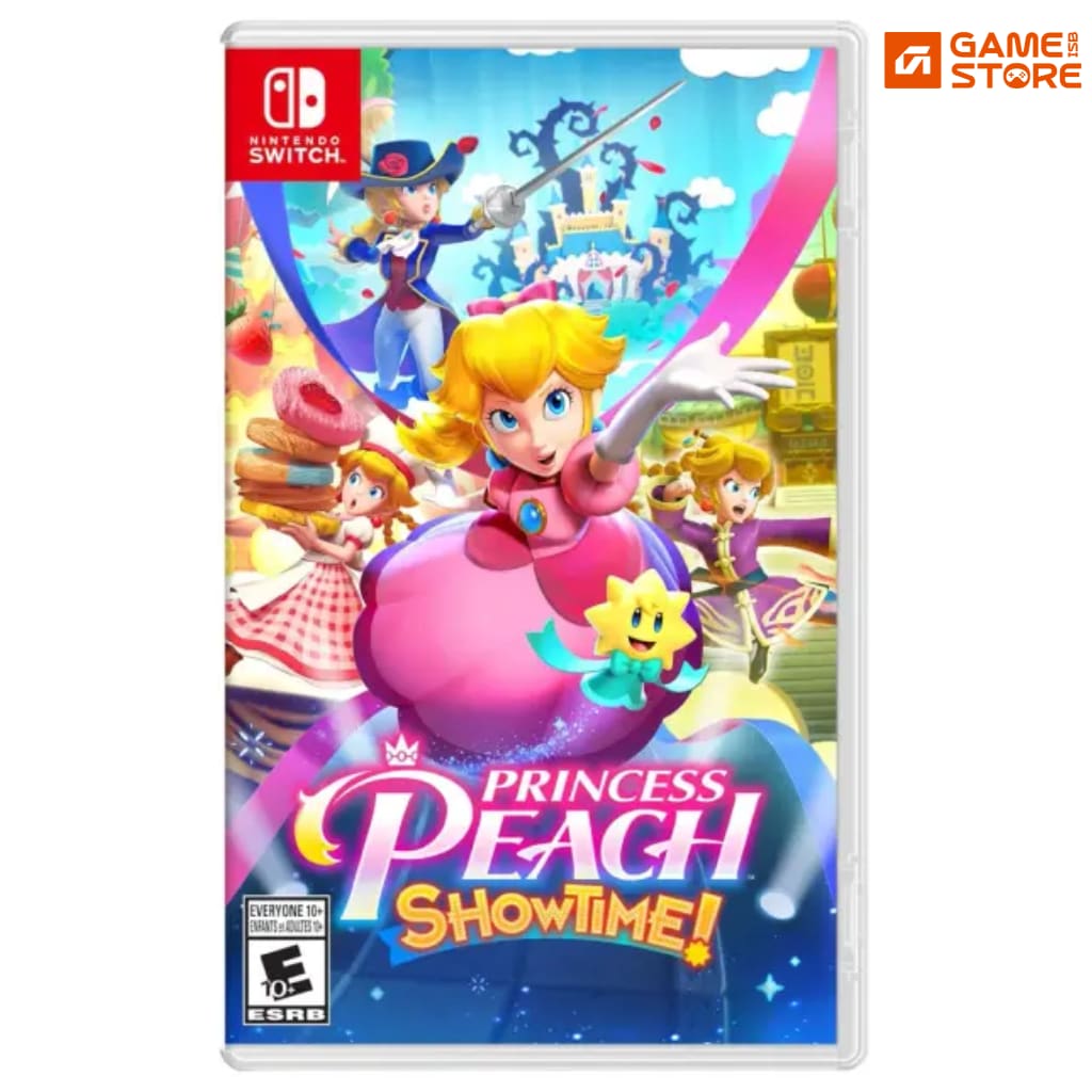 Princess Peach Showtime Nintendo Switch game box featuring Princess Peach on a theatrical stage in her sparkly dress