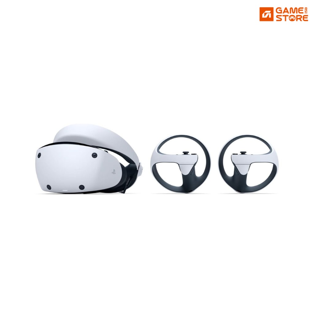 PlayStation VR2 headset with PS VR2 Sense controllers on a white background, the best PlayStation Virtual Reality accessory for PS5
