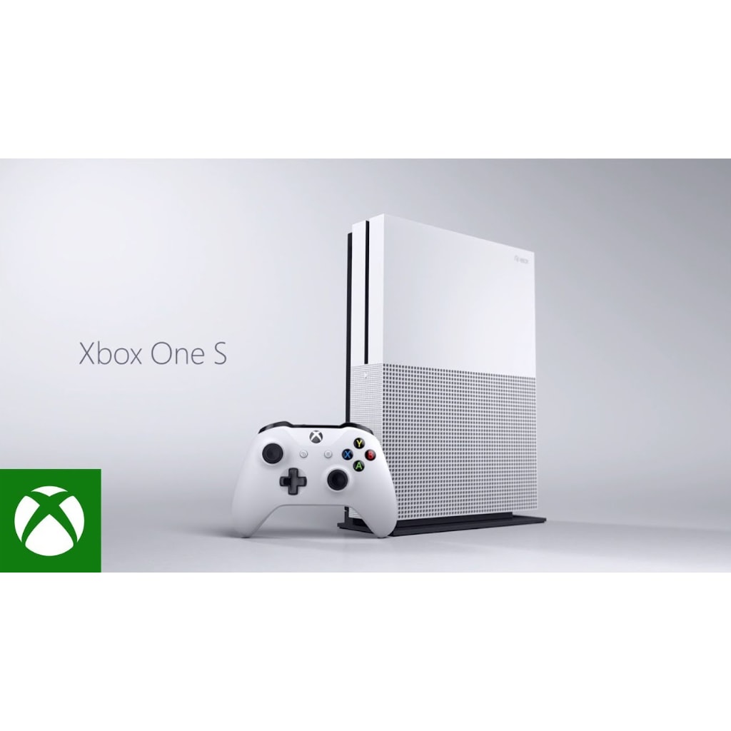 Used Xbox One S 500GB console in white shown in vertical stand position