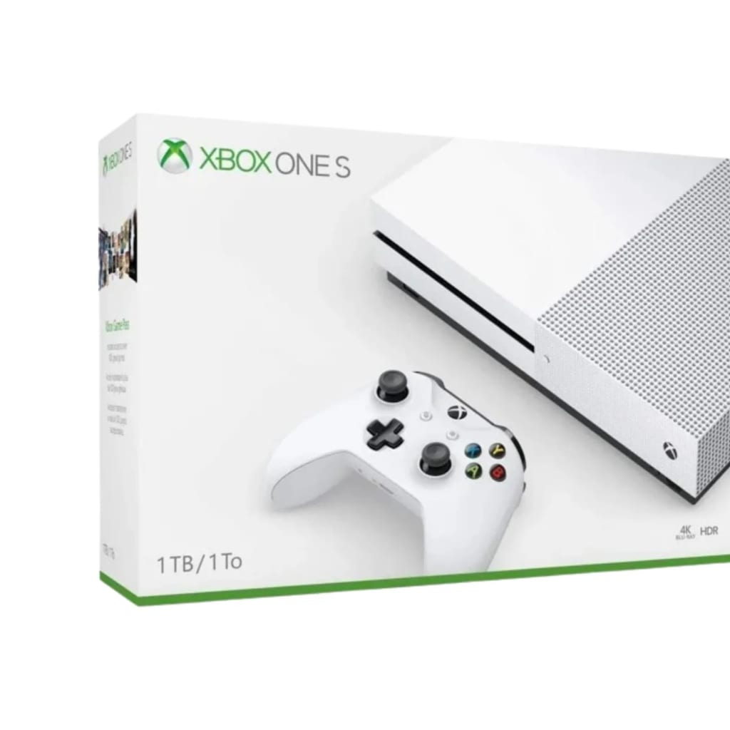 Used Xbox One S 500GB console in white shown in vertical stand position
