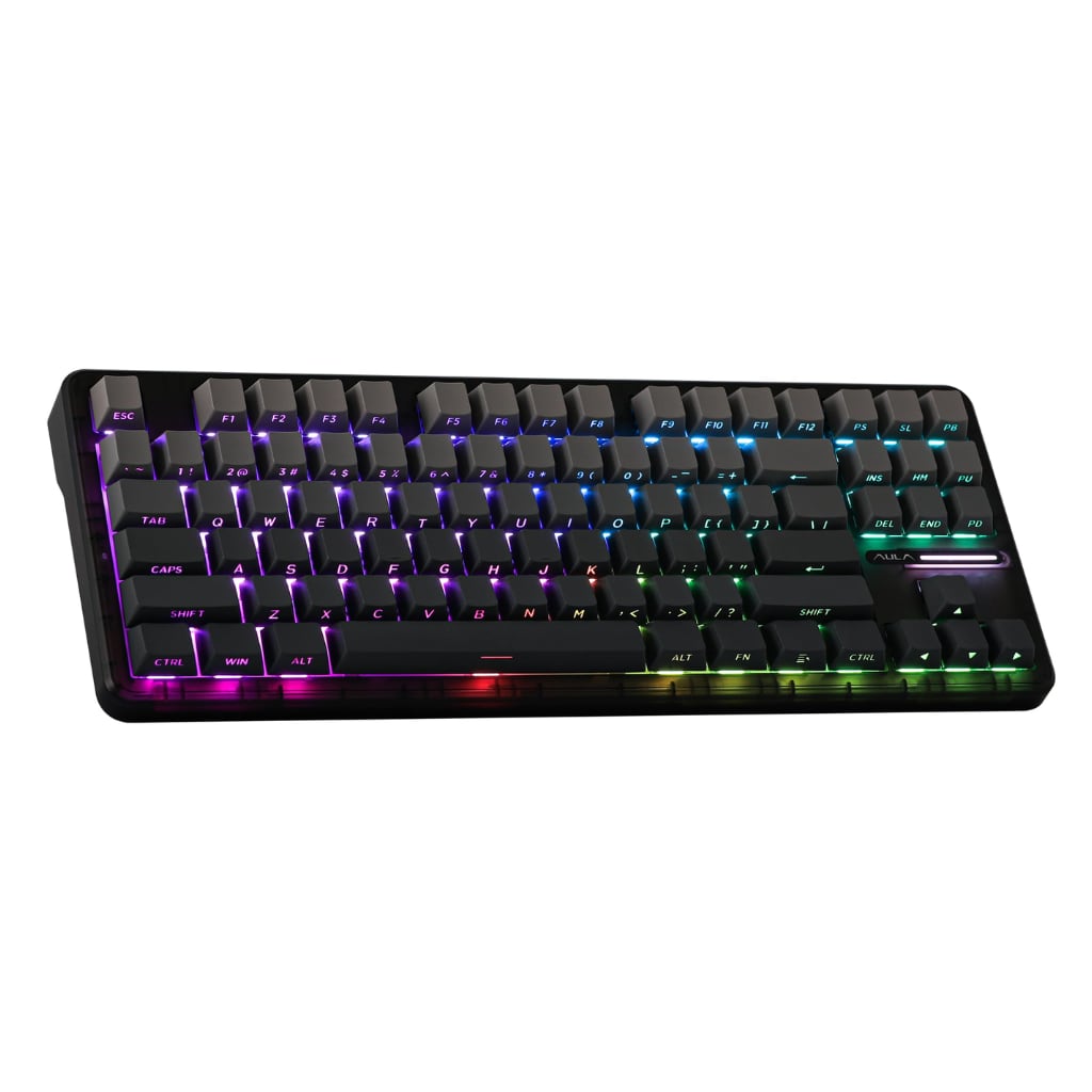 AULA F87 mechanical gaming keyboard with RGB backlighting on desk setup