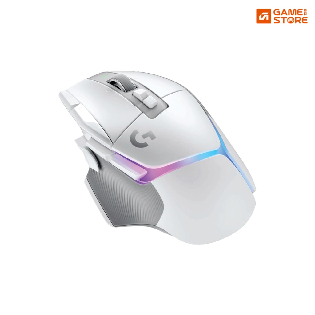 Logitech G502 X Plus Lightspeed wireless gaming mouse in white with RGB lighting on scroll wheel