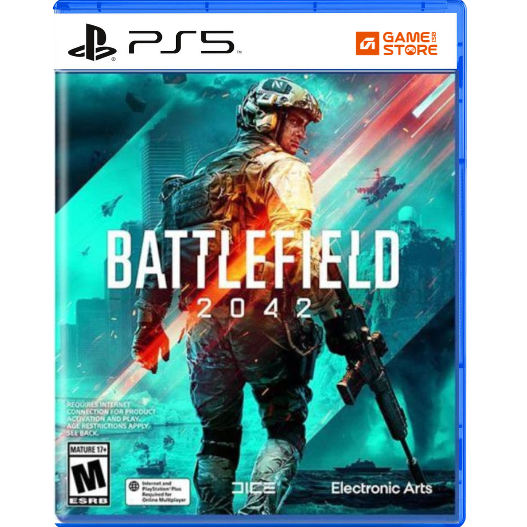 Battlefield 2042 PS5 game cover showing soldiers in a futuristic warzone – FPS shooter game and top PS5 online game at great PS5 games price in Pakistan