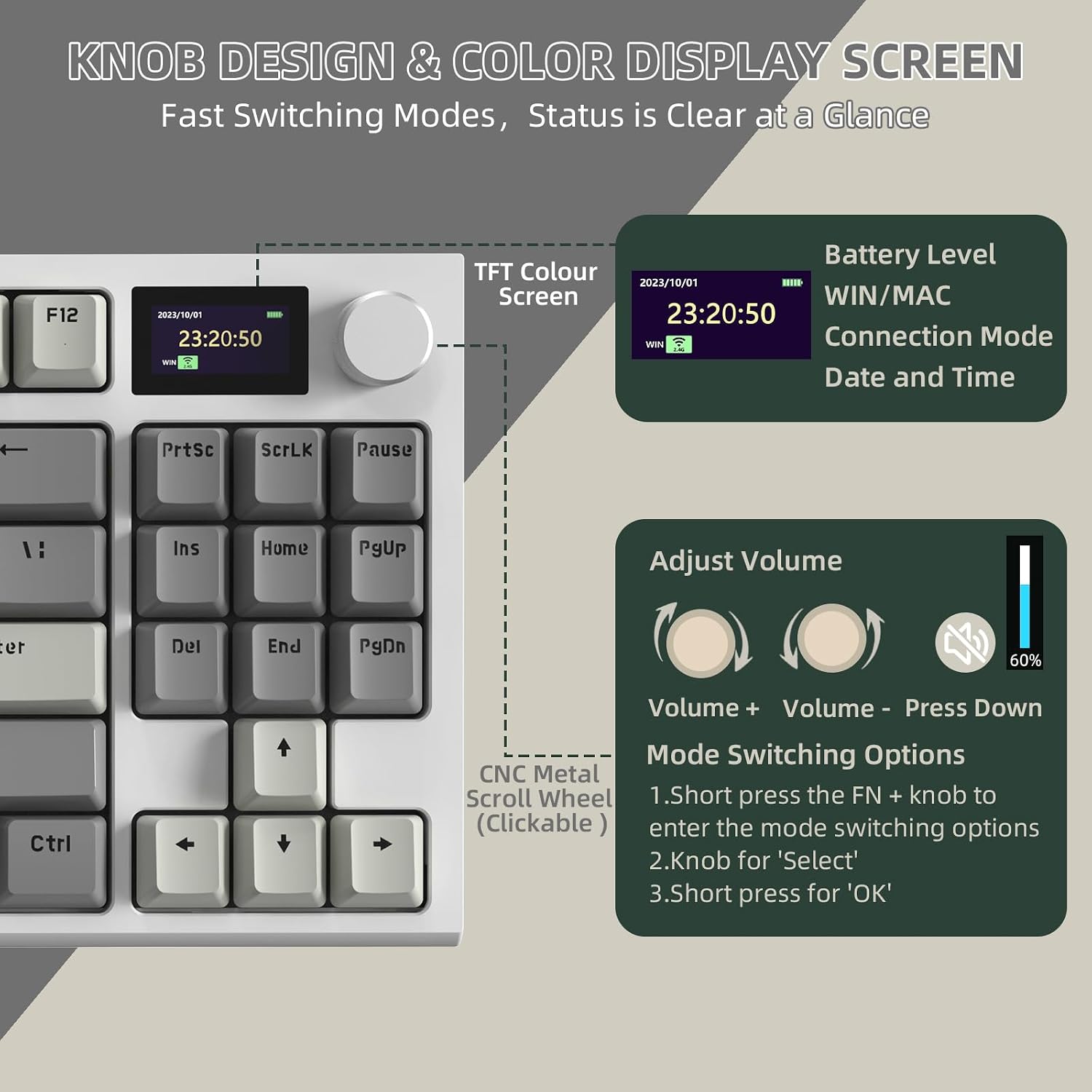 Attack Shark K86 Wireless Mechanical Keyboard with 1.2" TFT Color Display & CNC Knob, Hot Swappable RGB Backlit, 2.4GHz/BT/Wired Modes, Customizable Blue Whale Switch, PBT Keycaps for WIN/MAC (Retro Grey)