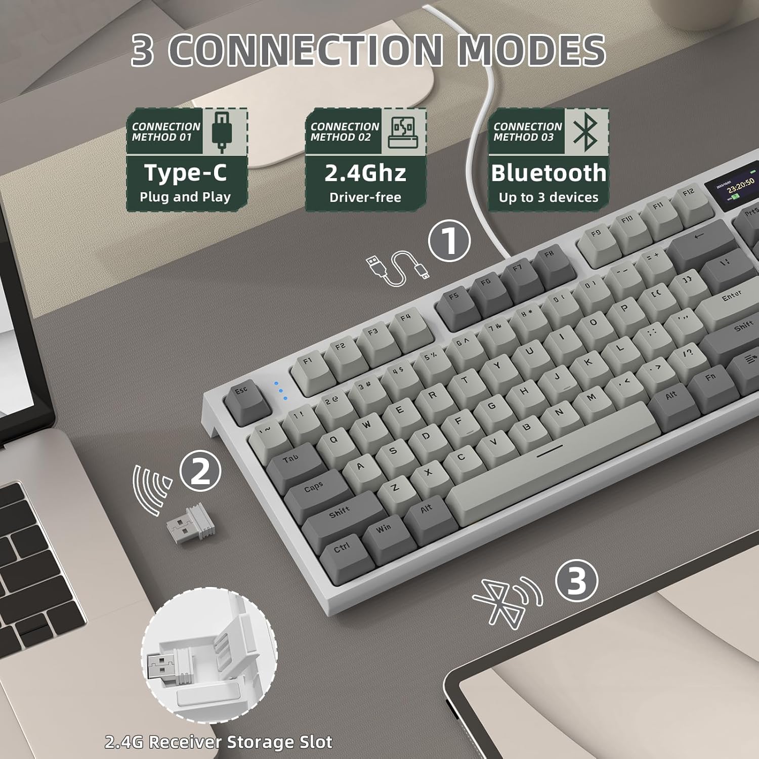 Attack Shark K86 Wireless Mechanical Keyboard with 1.2" TFT Color Display & CNC Knob, Hot Swappable RGB Backlit, 2.4GHz/BT/Wired Modes, Customizable Blue Whale Switch, PBT Keycaps for WIN/MAC (Retro Grey)