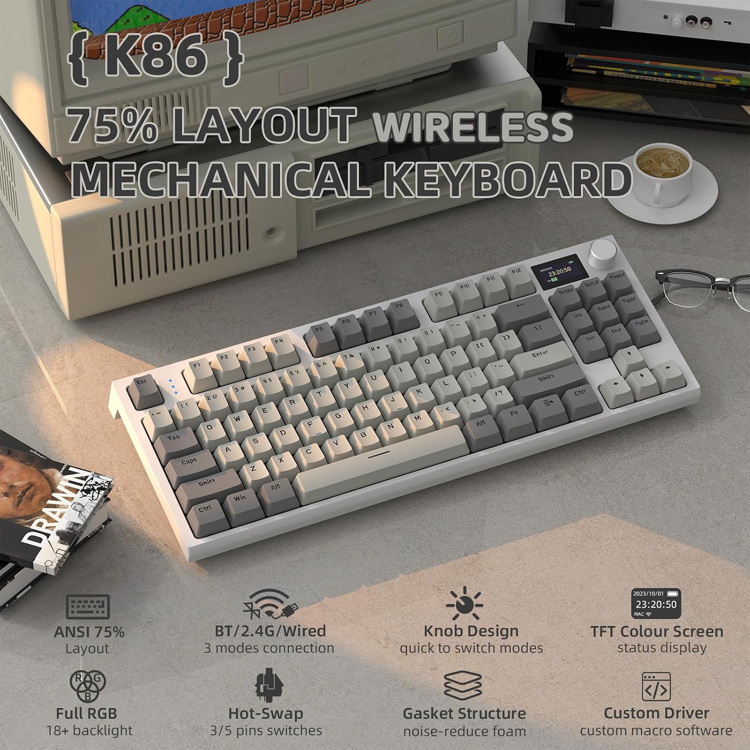 Attack Shark K86 Wireless Mechanical Keyboard with 1.2" TFT Color Display & CNC Knob, Hot Swappable RGB Backlit, 2.4GHz/BT/Wired Modes, Customizable Blue Whale Switch, PBT Keycaps for WIN/MAC (Retro Grey)