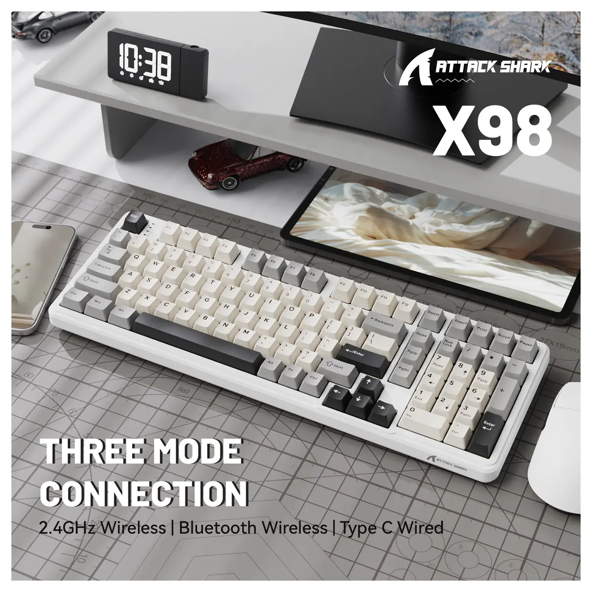 ATTACK SHARK X98 Full-Size Wireless Mechanical Keyboard, 102 Keys Tri-Mode Bluetooth 5.0 2.4G USB-C, Upgraded Gasket-Mount, Hot-Swappable 3/5 Pin, 4000mAh, South-Facing RGB, Starlight White