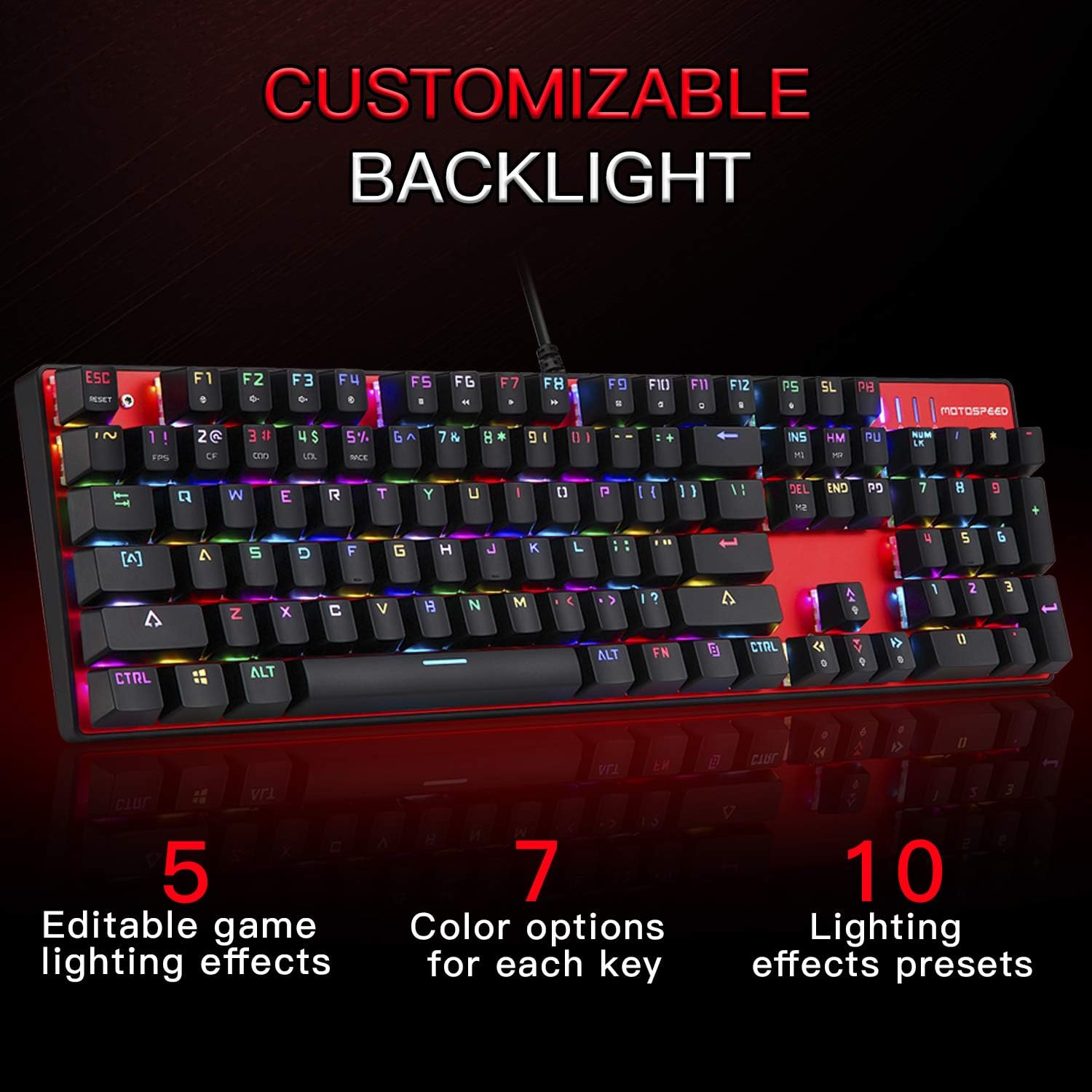 MOTOSPEED CK104 Mechanical Gaming Keyboard with Blue and Red Switch 104 Keys LED Aluminum USB Backlight for Gaming and Typing Suitable for Mac and Windows (Black)