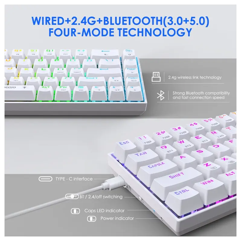 E-Yooso Z686 Gaming Keyboard - 68 Keys, USB Type-C Wired, Mechanical Keyboard, Lightweight, Anti-Ghosting,Double Shot Keycaps, Hotswappable Switch, RGB Backlight, Red Switch, White