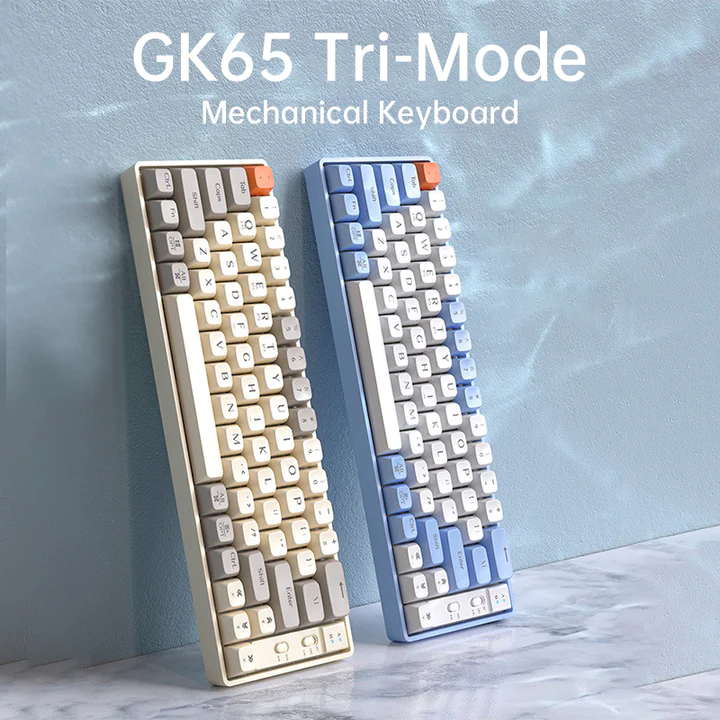 Langtu GK65 Tri-Mode Wireless Mechanical Gaming Keyboard, Bluetooth/2.4GHz/USB-C - Hot-Swappable Gold Switches (Milk White)