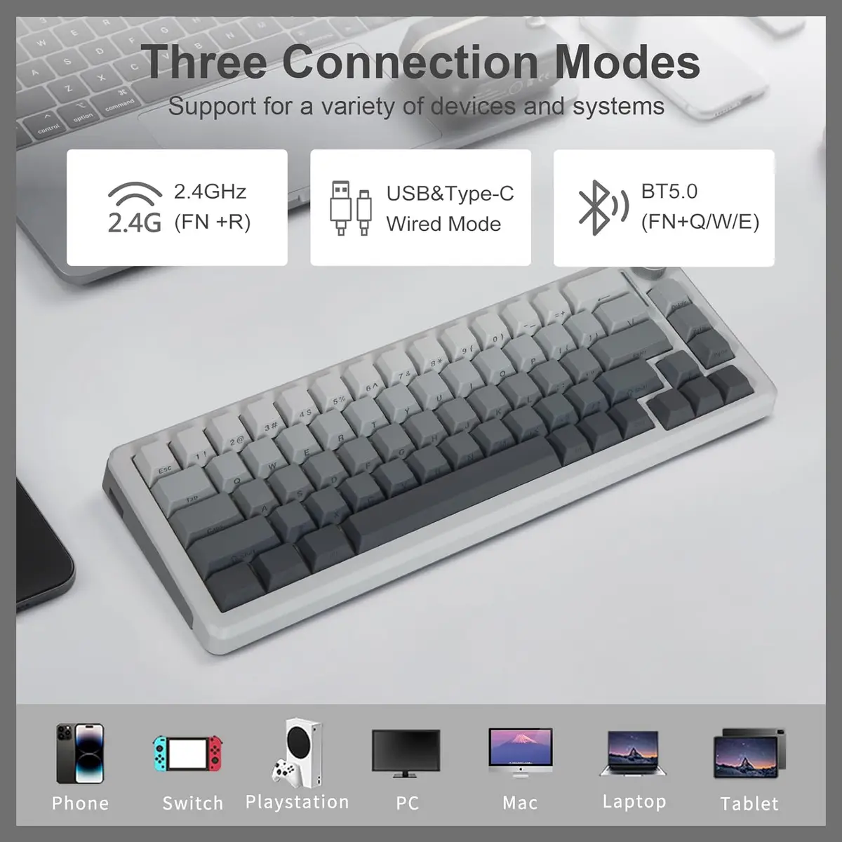 E-YOOSO Z-68 Wireless Mechanical Keyboard, 65% Hot Swappable, Tri-Mode 2.4GHz USB-C and Bluetooth 5.0, RGB Backlit, Metal Volume Knob, Gradient Gray
