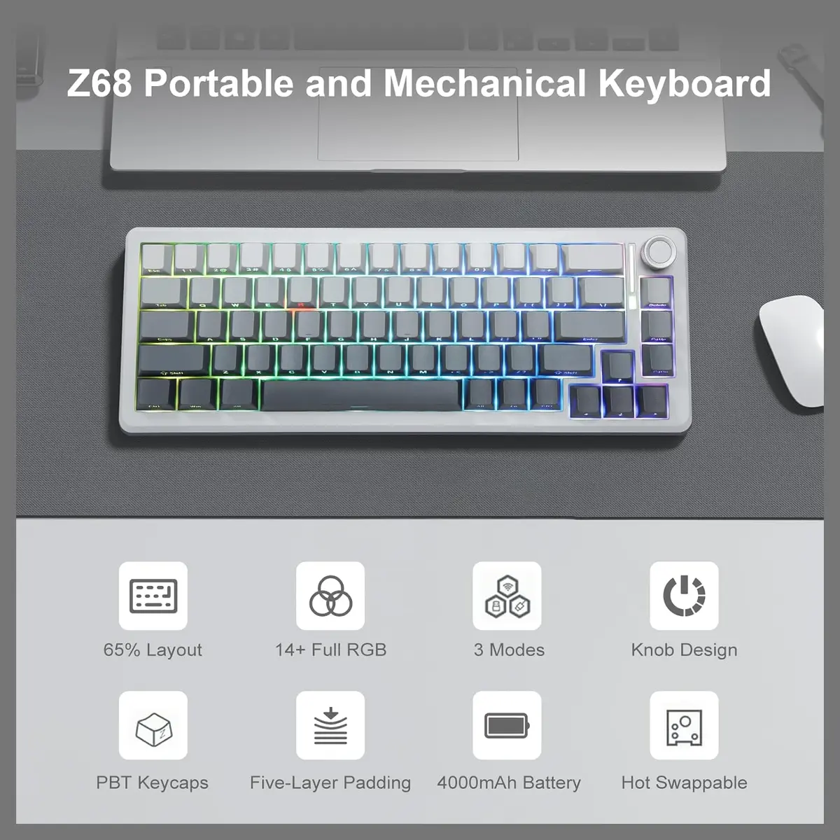 E-YOOSO Z-68 Wireless Mechanical Keyboard, 65% Hot Swappable, Tri-Mode 2.4GHz USB-C and Bluetooth 5.0, RGB Backlit, Metal Volume Knob, Gradient Gray