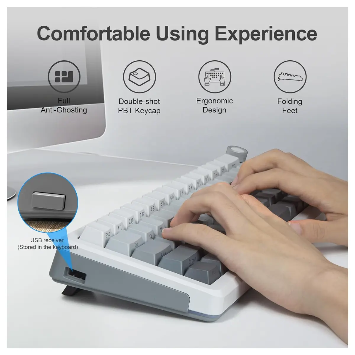 E-YOOSO Z-68 Wireless Mechanical Keyboard, 65% Hot Swappable, Tri-Mode 2.4GHz USB-C and Bluetooth 5.0, RGB Backlit, Metal Volume Knob, Gradient Gray